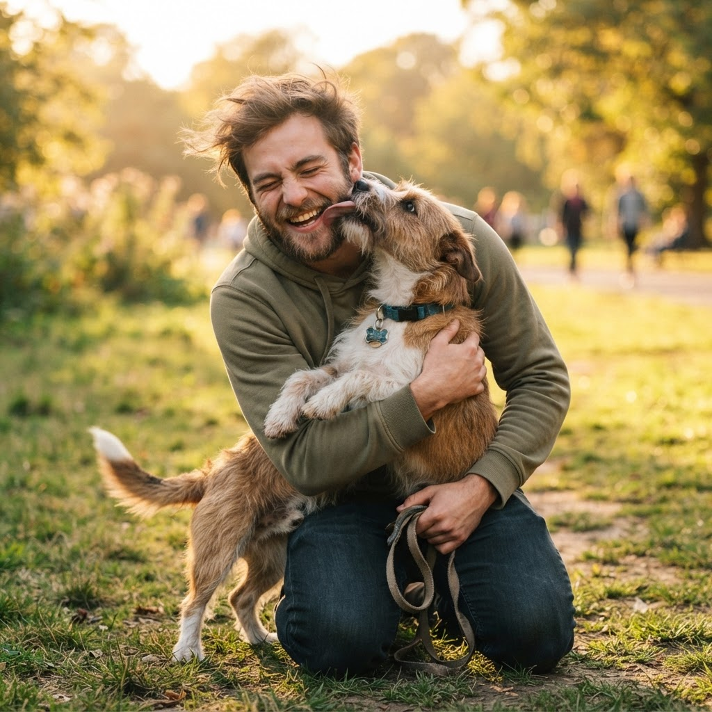 A man hugging his newly adopted dog outdoors
