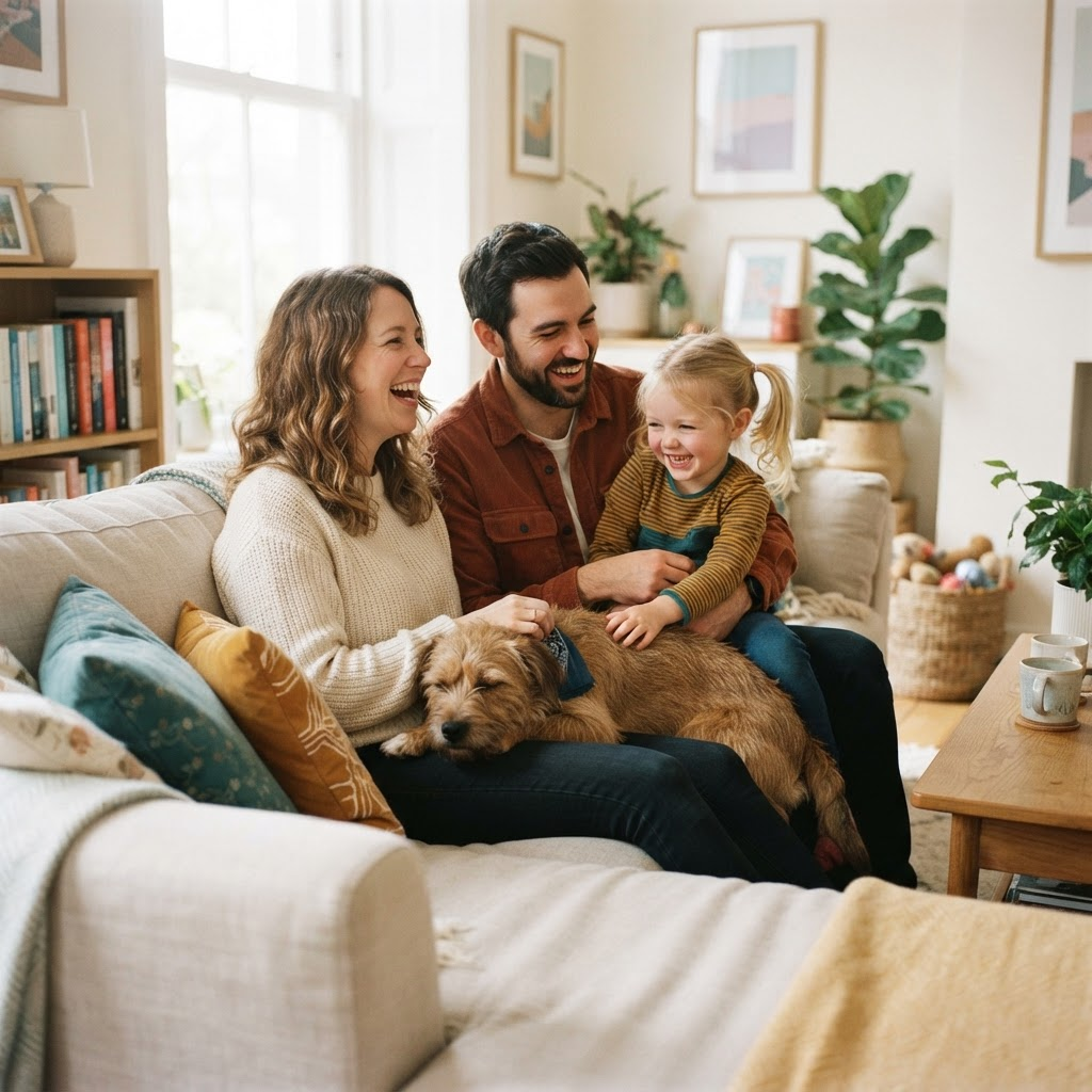 A happy family relaxing at home with their adopted dog