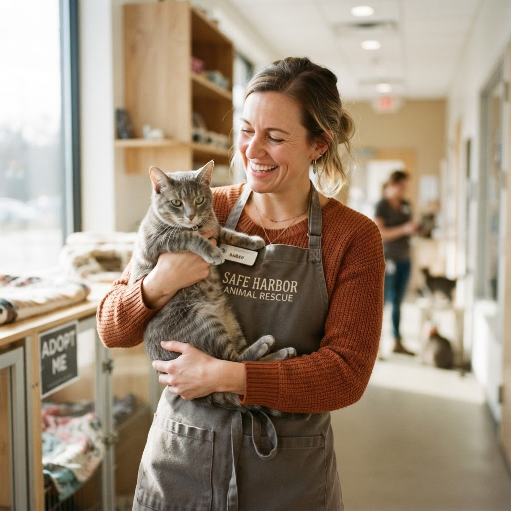 A shelter volunteer holding a calm tabby cat